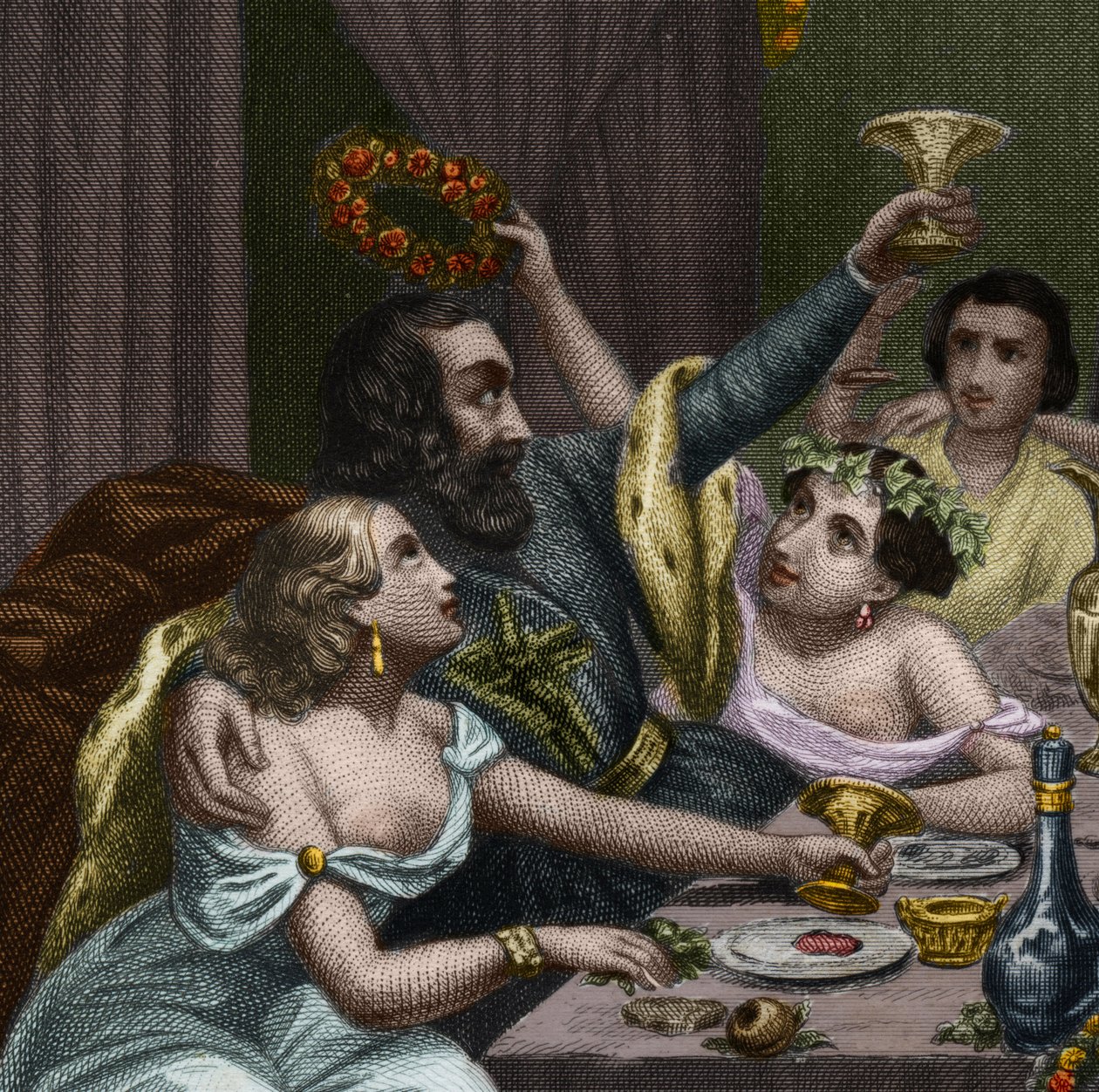 Pave Alexander VI (1431-1503) (Alessandro, Rodrigo Borgia) Rodrigue Borgia feirer ekteskapet til datteren Lucrece Borgia (Lucrezia) med 50 kurtisaner i Vatikanet. Gravering fra 1842 i «Histoire des popes: forbrytelser, drap, forgiftninger, parrici av Unknown artist