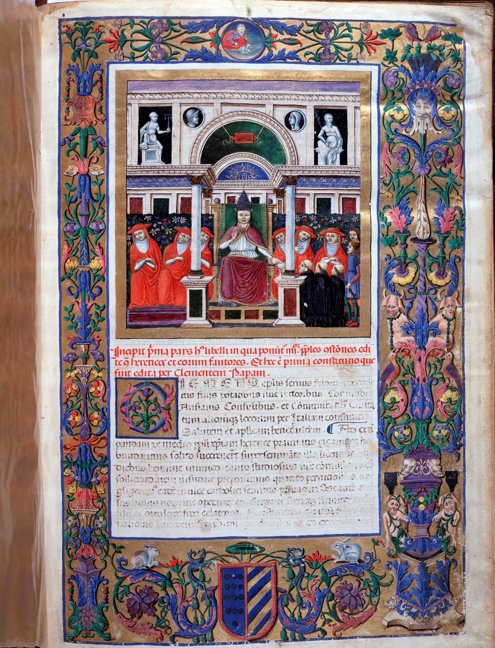 Pave Clement IV leverer en pavelig okse med privilegier til de dominikanske munkene (miniatyr av Unknown artist