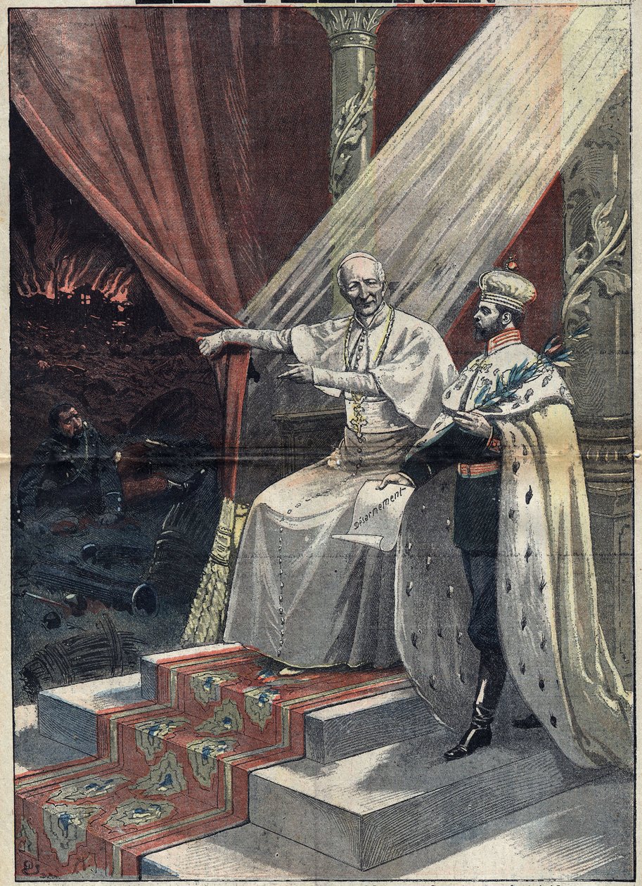 Pope Leon XIII (1810-1903) showing Russian tsar Nicholas II (1868-1918) the horrors of war. The latter then proposes disarming. Illustration in “” Le Pelerin”” of September 11 av Unknown artist