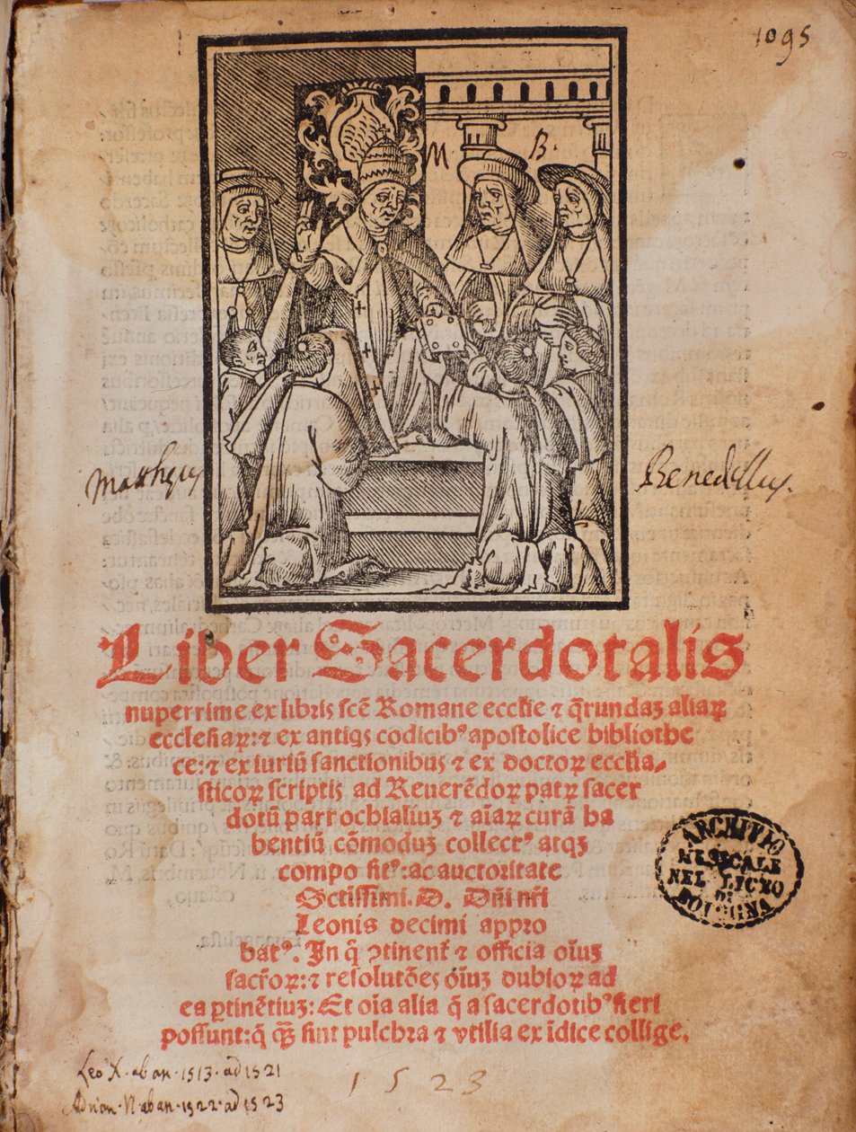 Pave Leon X mottar boken Frontispice of the liturgy book "Liber Sacerdotalis"" av Castellini av Unknown artist