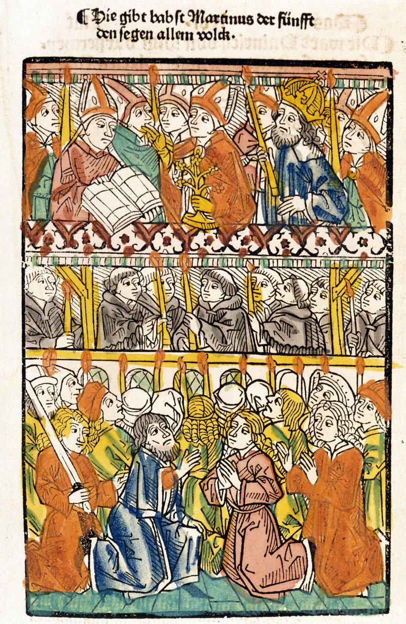 Pave Martin V (1368 - 1431) valgt ved konsilet i Konstanz (1417) ved å avslutte det store skismaet i Vesten utfører velsignelsen. «Das concilium» av Unknown artist