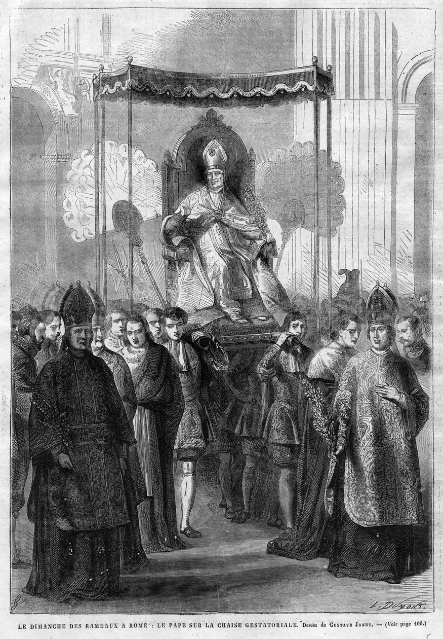 Pave Pius IX (1835-1914) om sedia gestatoria - Palmesøndag i Roma: Pave Pius IX (Pius Pio 9) på gestatorisk stol - tegning av Gustave Janet - The Illustrative Diary of 1868 av Unknown artist