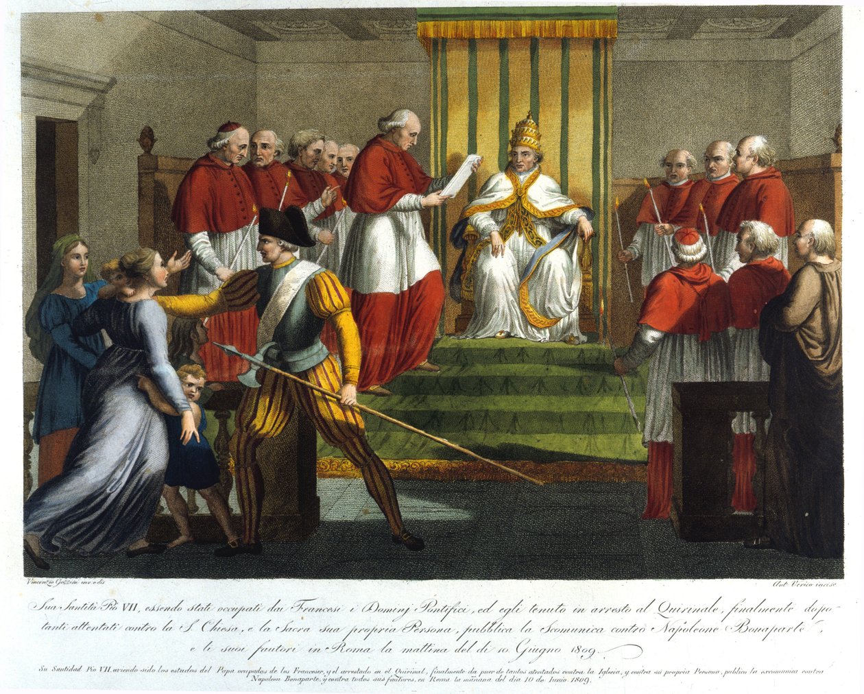 Pave Pius VII (1742 - 1823) ekskommunerte Napoleon Bonaparte 10. juni 1809. Gravering fra 1800-tallet. av Unknown artist