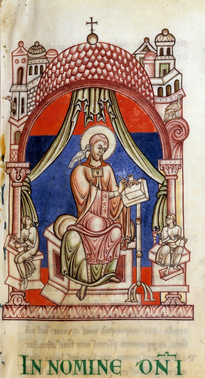 Pave St. Gregoire I den store (540-604) omringet av to sekretærer. Han er skrevet representant med en due på skulderen, symbol på Den Hellige Ånd (Hellige Ånd). Miniatyr av bokstavene til Saint Gregoire av Unknown artist