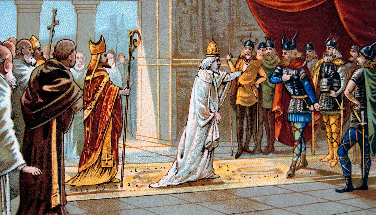Pave Stephen II (Stephanus) ber om hjelp fra Pepin the Brief mot langobardene i 754 i Ponthion Palace - Pave Stephen II (III) ber Pepin the Short om hjelp mot langobardene i 754 av Unknown artist