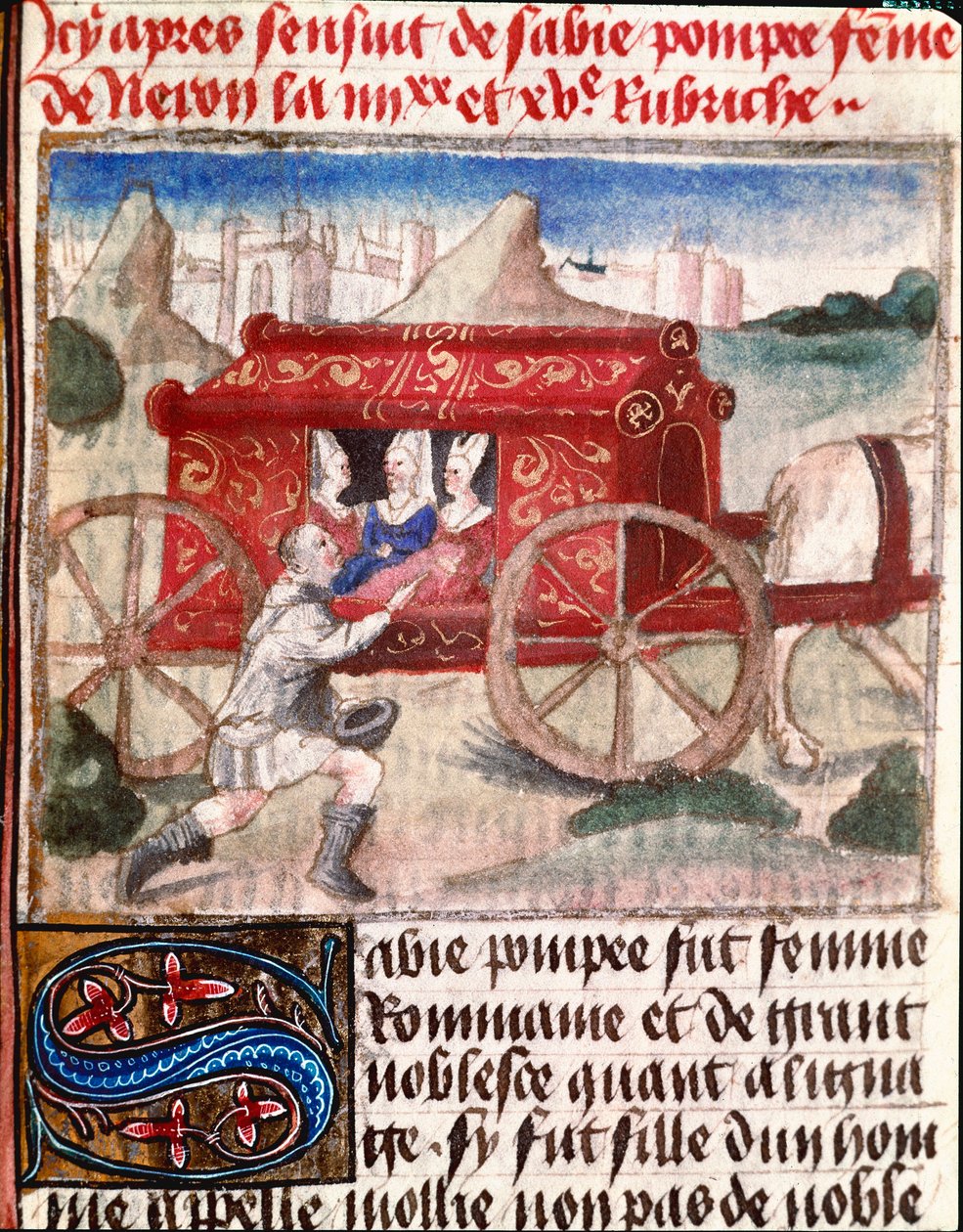 Poppee, kone til den romerske keiseren Nero, mottar en miniatyrbudbringer fra "The Book of Light and Noble Women"" av Giovanni Boccaccio dit Jean Boccaccio (1313-1375) av Unknown artist