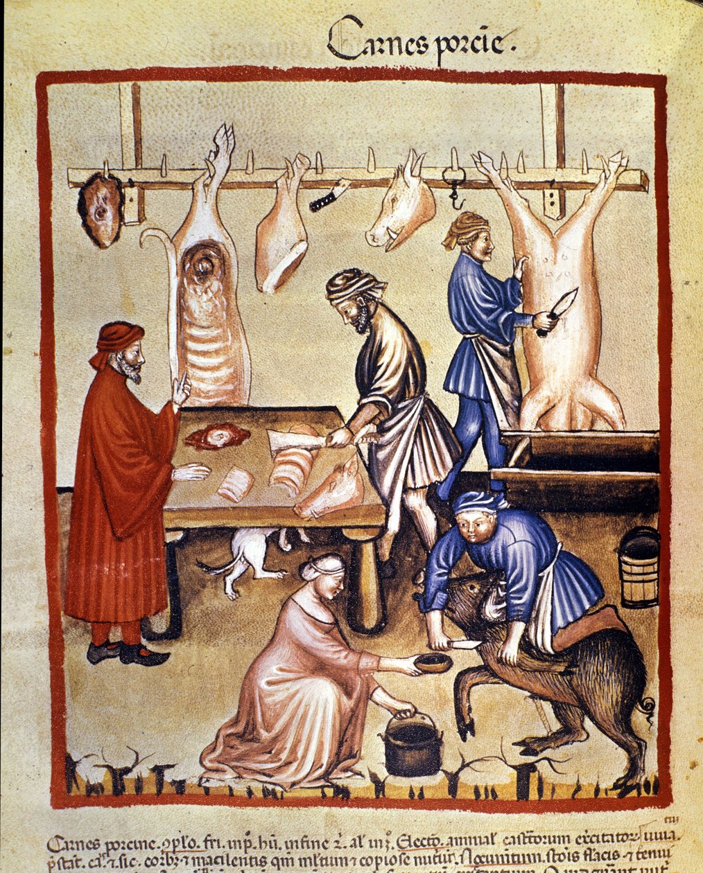 Svinekjøtt produksjon. Grisen slaktes og slakterene skjærer bitene. Belysning fra melking av medisin og diett "" Tacuinum sanitatis"" av Unknown artist