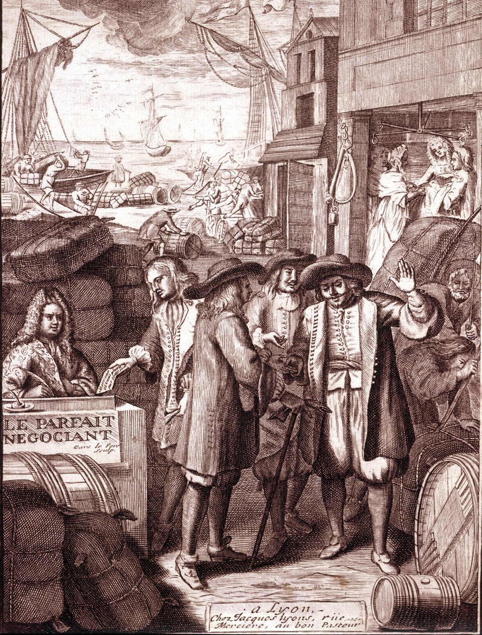 Havnehandlere snakker med hverandre. 1800-talls gravering. av Unknown artist