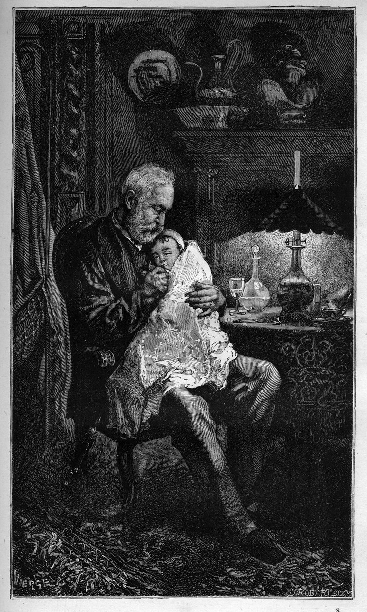 Portrett av Victor Hugo, sittende med barnebarnet Jeanne - gravering fra "" Det forferdelige året"" ("Det forferdelige året") - Hugo et l