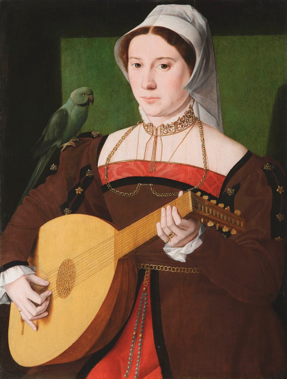 "Portrett av en kvinne som spiller lut, med en papegøye på skulderen" Anonymt maleri ca 1540 Olje på tre, 70x55 - Fondation Custodia av Unknown artist