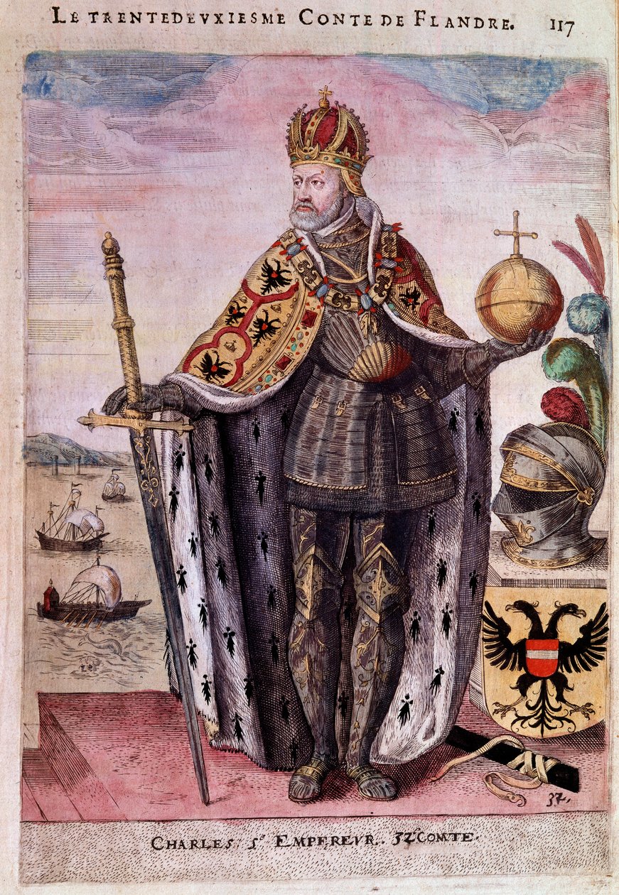Portrett til fots av Charles V (1500-1558) i trettisekunders telling av Flandern Gravering av 1500-tallets Paris, B.N. av Unknown artist