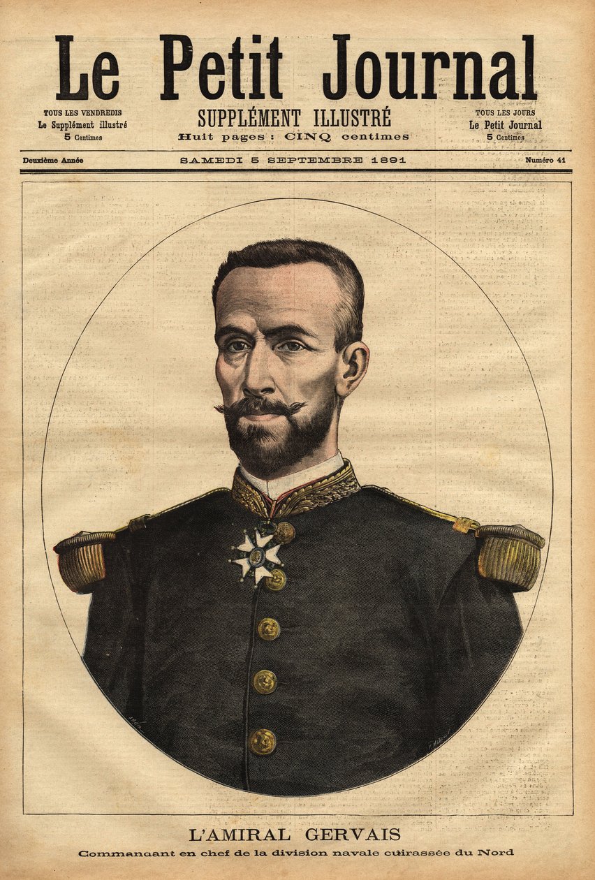 Portrett av admiral Gervais (1837-1921), øverstkommanderende for sjøavdelingen i nord. Gravering i "" Le petit journal"" 5/09/1891. Selvas samling. av Unknown artist
