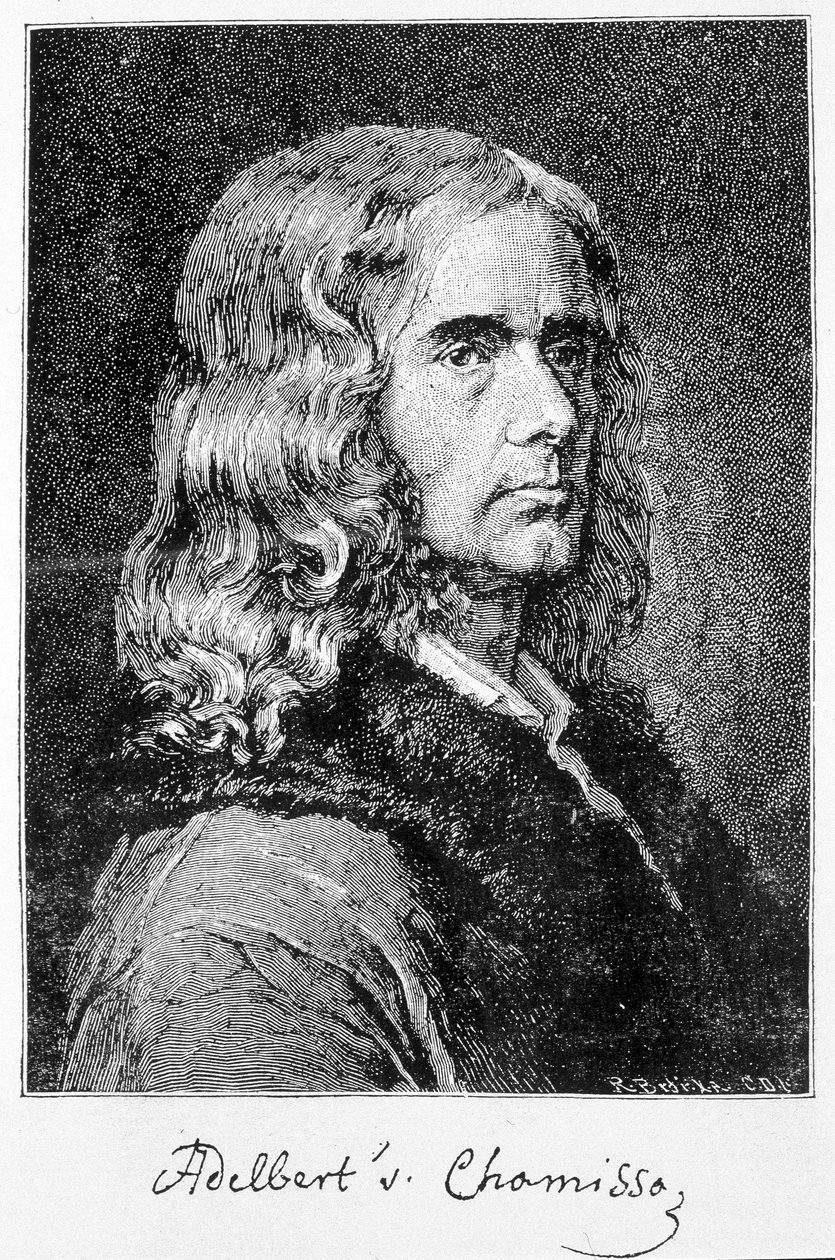 Portrett av Aldebert Von Chamisso de Boncourt (1781-1838), tysk forfatter og lærd av fransk opprinnelse - gravering av Unknown artist