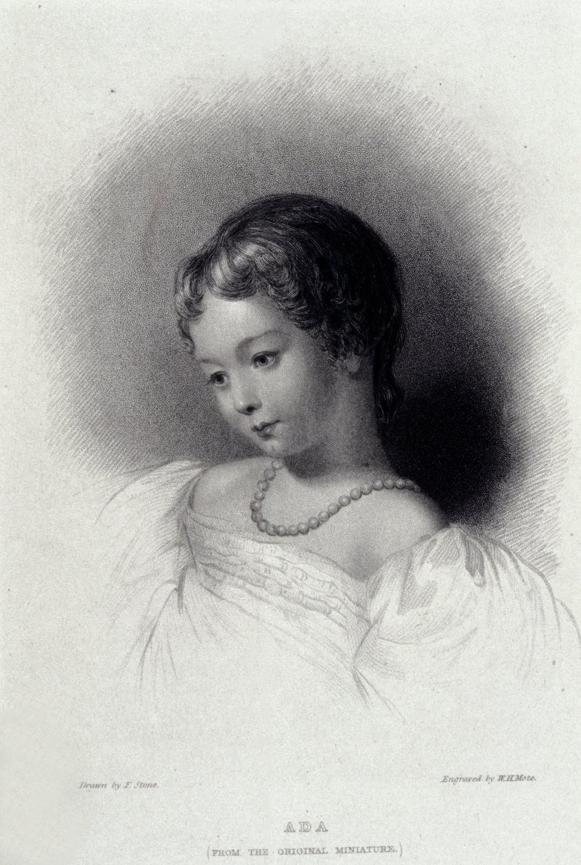 Portrett av Augusta Ada Byron (1815-1852) som ble Anna Lovelace, datter av poeten George Gordon Byron. Gravering av 1800-tallet. av Unknown artist