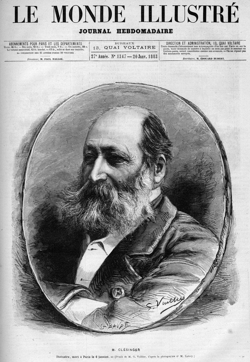 Portrait of Auguste Clesinger (1814-1883), French sculptor and painter. Engraving in “” Le Monde illustrious”” 1883. Private collection. av Unknown artist