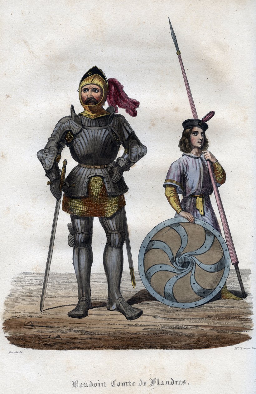 Portrett av Baldwin I, greve av Flandern (830-879), også kjent som Baldwin Iron Arm. (Baudouin I, greve av Flandern, også kjent som Iron Bras eller the Good). Gravering fra 1842 i «Histoire des popes»» av Maurice Lachatre. Privat samling. av Unknown artist