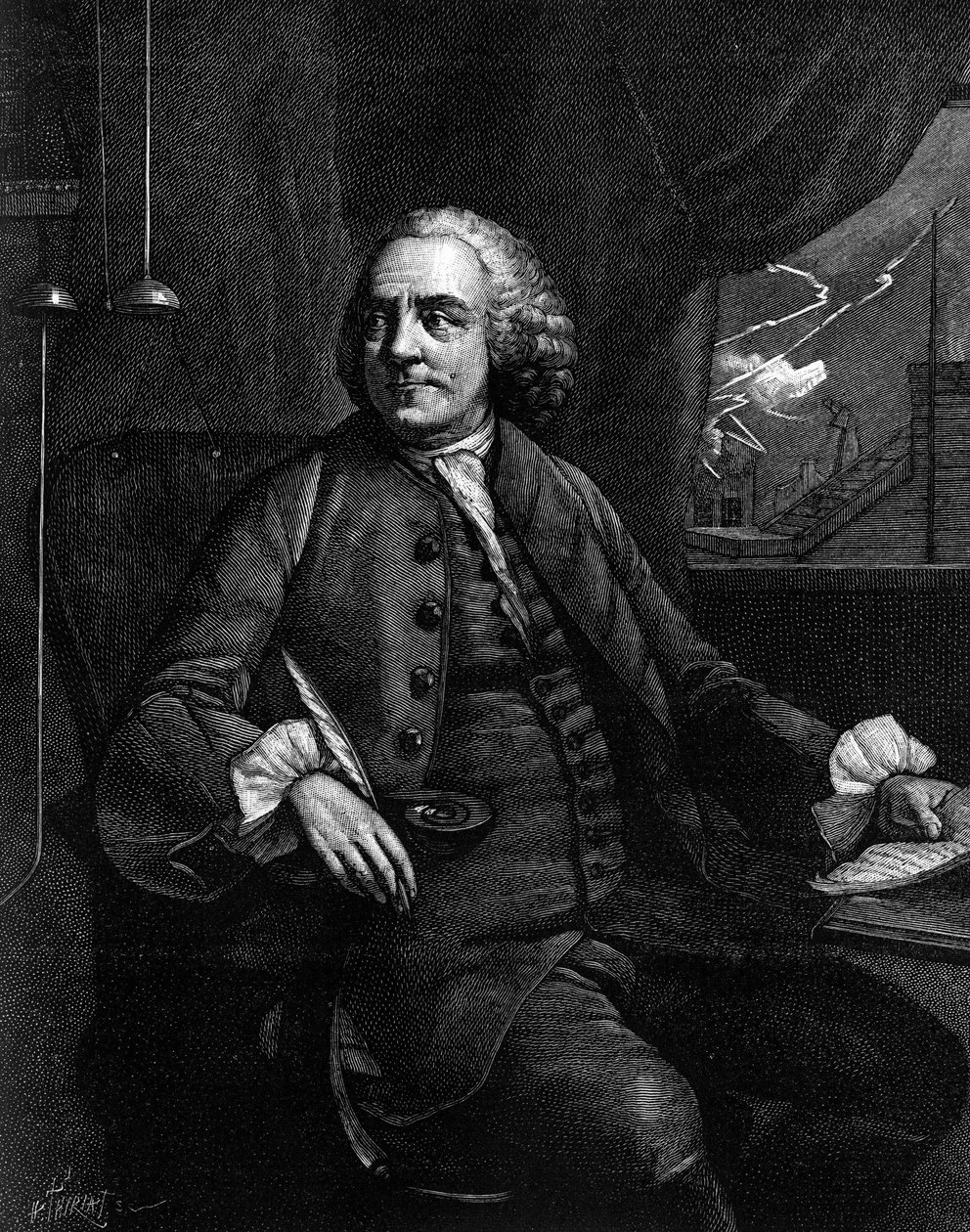 Portrait of Benjamin Franklin (1706-1790), American philosopher, physicist and ambassador. (From an old engraving). Engraving in “” La Nature: revue des sciences et de leurs applications aux arts et a l