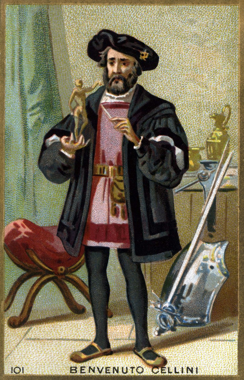 Portrait of Benvenuto Cellini (1500 - 1571), Italian goldsmith and sculptor. Chromolithography of the 19th century. av Unknown artist