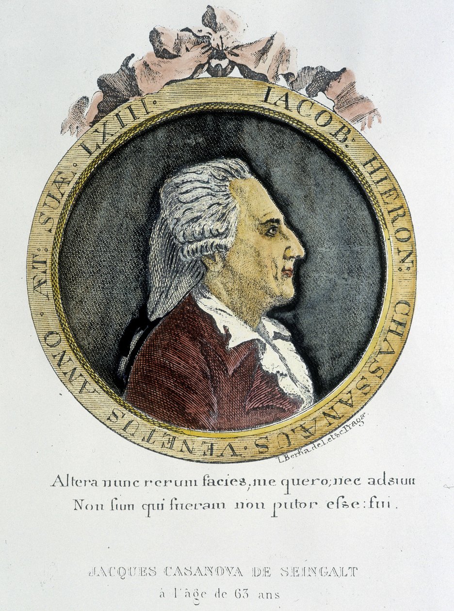 Portrett av Casanova (1725 - 1798) - portrett i frontispice, i "" Historien om min flukt fra fengslene i Republikken Venezia", skrevet til Dux i Böhmen av Unknown artist