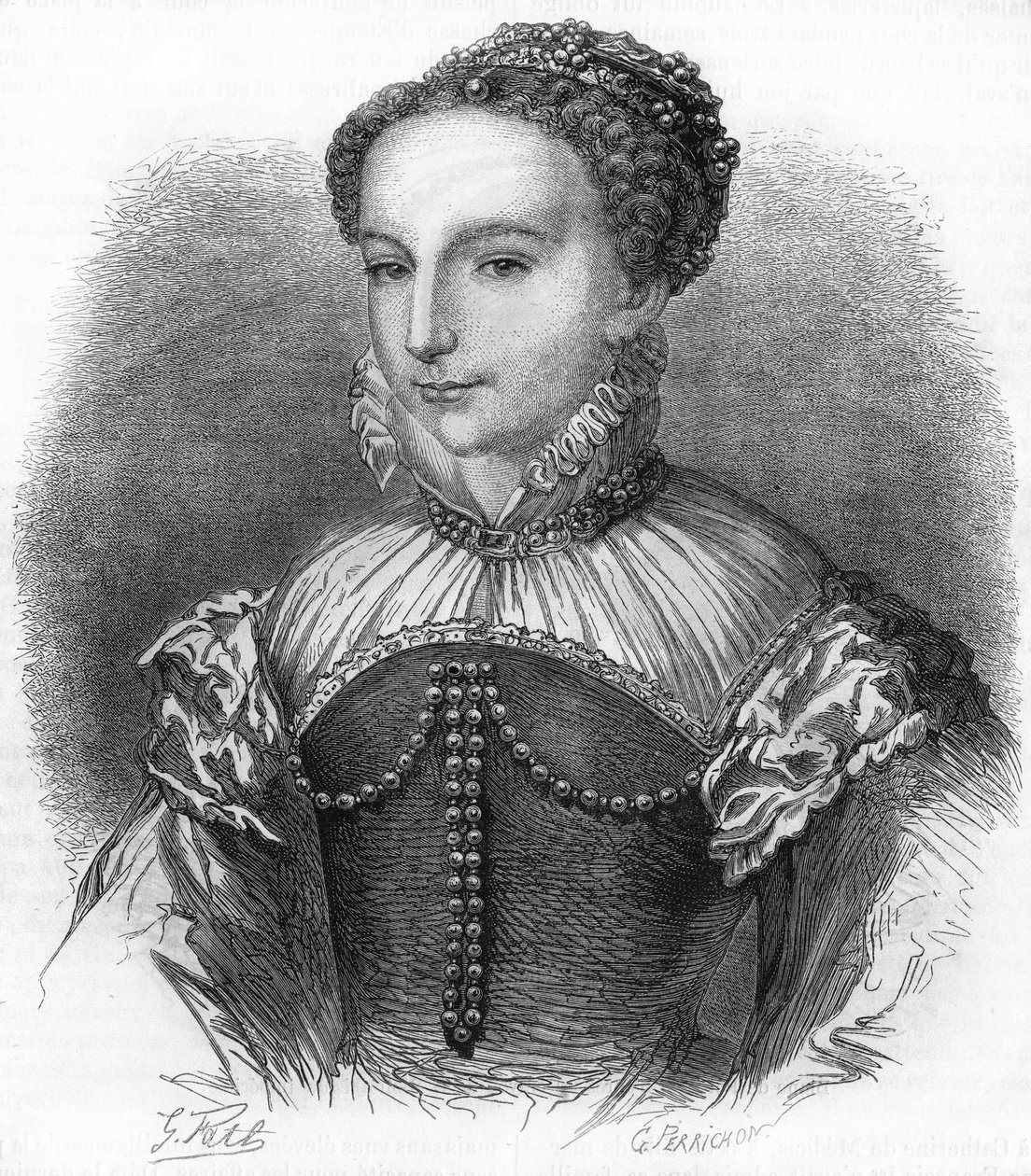 Portrett av Catherine de Medicis (Caterina de Medici) (1519-1589) kone til Henrik II, konge av Frankrike. 1800-talls gravering. av Unknown artist