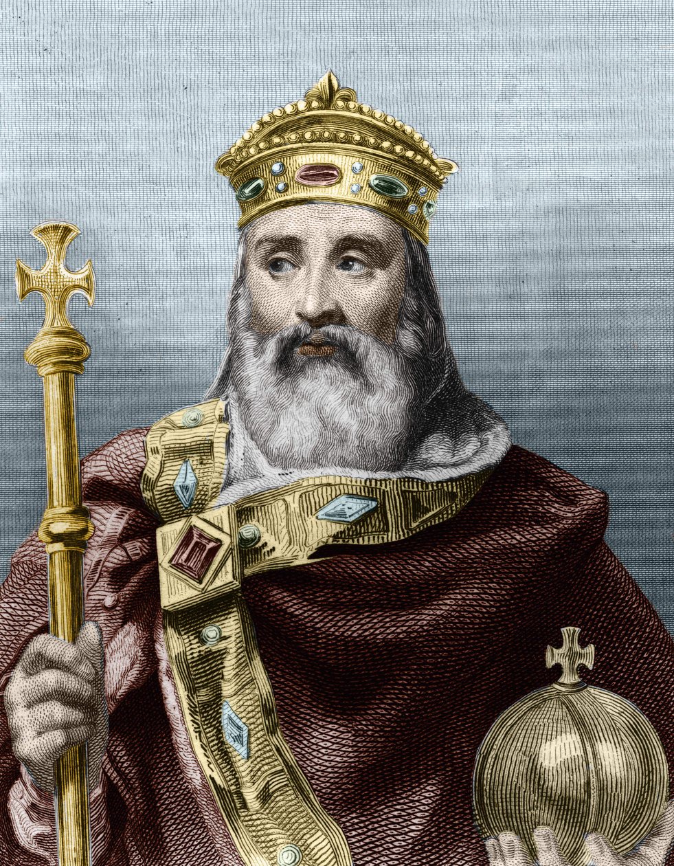 Portrett av Charlemagne (742 - 814), konge av Frankrike - i Histoire des Français av Lavallée, gravering, nd. av Unknown artist