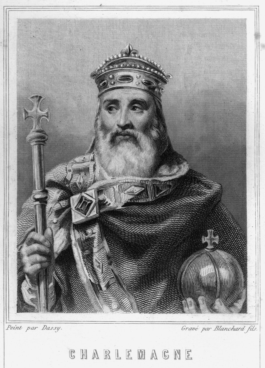 Portrett av Charlemagne (742 - 814), konge av Frankrike - i "Histoire des Français"" av Lavallée, gravering, sd. av Unknown artist