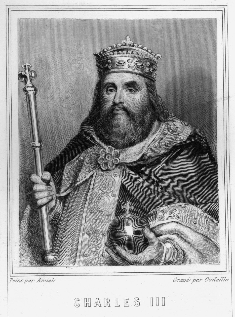Portrett av Charles III (839 - 888), keiser av Vesten (881 - 887) og regent av Frankrike (884 - 887) - i "Histoire des Français" av Lavallée, gravering, sd. av Unknown artist