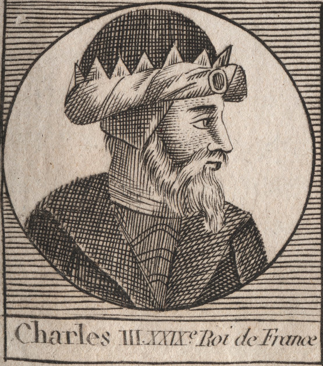 Portrett av Charles III sier den enkle (879-929) kongen av frankene - CHARLES III (879-929) - Charles den enkle - konge av Frankrike, 893-923 - gravering fra "Instruction sur l