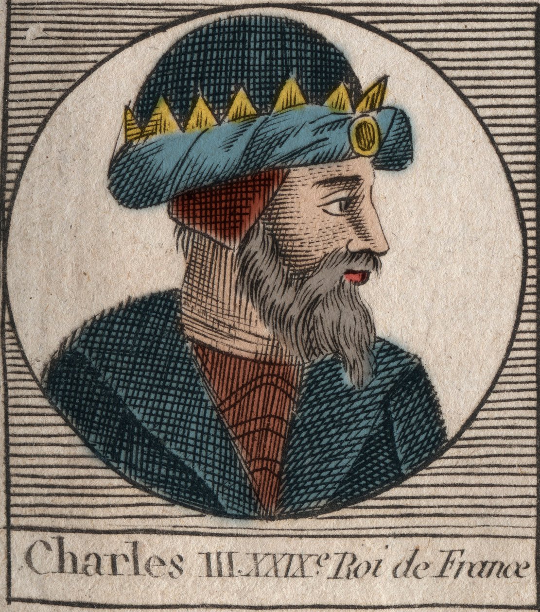 Portrett av Charles III sier den enkle (879-929) kongen av frankene - CHARLES III (879-929) - Charles den enkle - konge av Frankrike, 893-923 - gravering fra "Instruction sur l'Histoire de France" av Charles Constant Le Tellier 1821 av Unknown artist