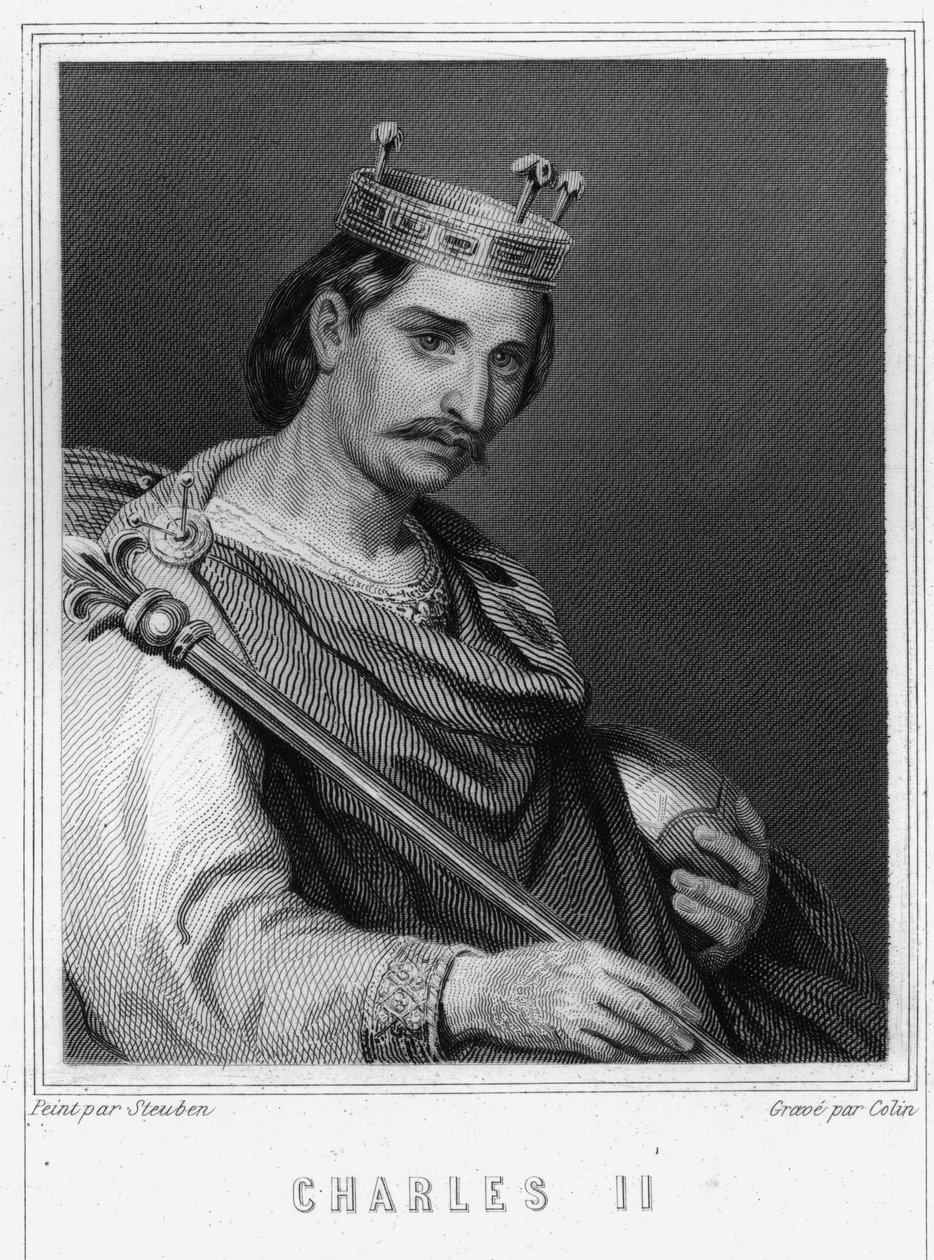 Portrett av Karl II den skallede (823 - 877), konge av Frankrike - i "Histoire des Français"" av Lavallée, gravering, sd. av Unknown artist