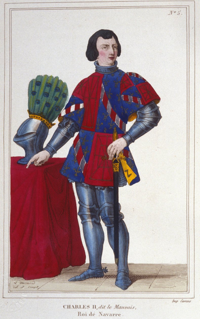 Portrett av Karl II den onde (1332 - 1387). Konge av Navarra - Spania fra 1349 til 1387. Gravering fra 1830 av Unknown artist