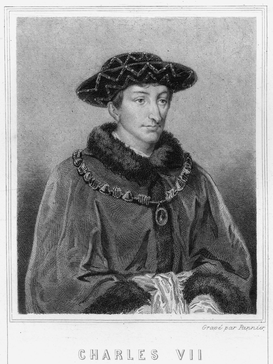 Portrett av Charles VII (1403 - 1461), konge av Frankrike - i "Histoire des Français"" av Lavallée, gravering, sd. av Unknown artist