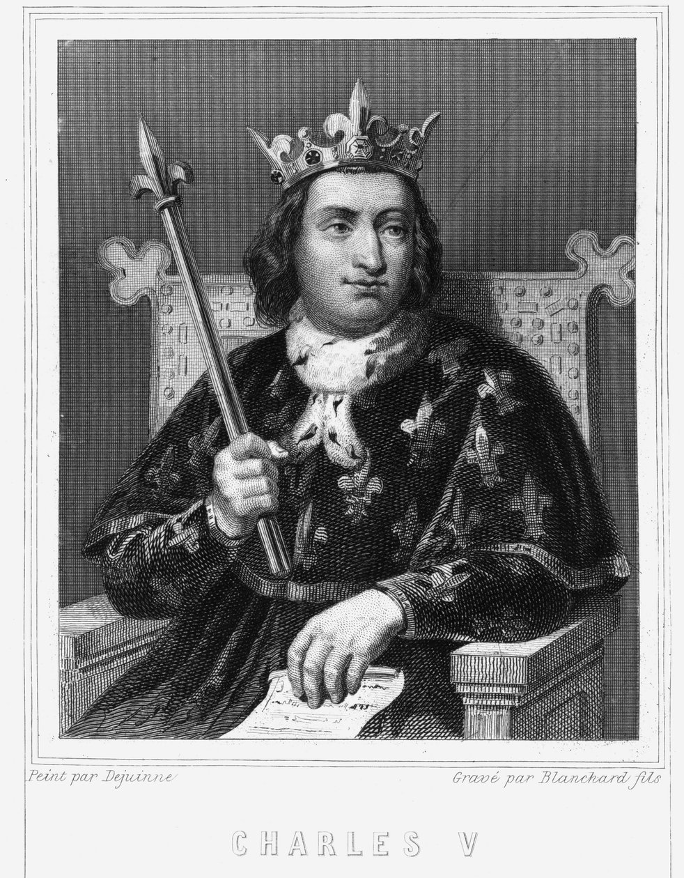 Portrett av Vismannen Karl V (1338 - 1380), konge av Frankrike - i "Histoire des Français"" av Lavallée, gravering, sd. av Unknown artist