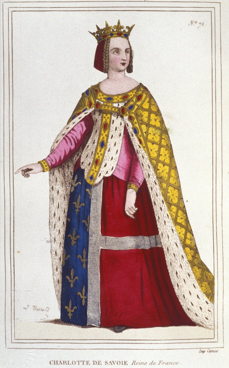 Portrett av Charlotte de Savoy 1445 -1483 Dronning av Frankrike fra 1461 til 1483 Brud til Louis XI (Le Prudent) i 1451 gravering av 1830 av Unknown artist