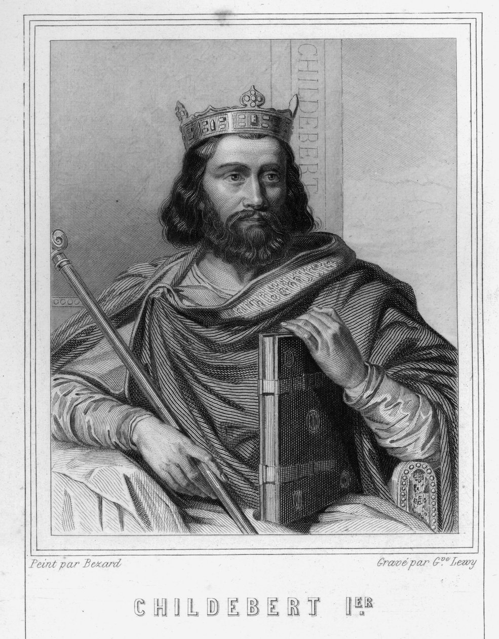 Portrett av Childebert I (v. 495 - 558), konge av Paris - i "Histoire des Français"" av Lavallée, gravering, sd. av Unknown artist