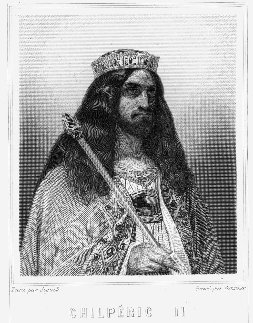 Portrett av Childeric III (v. 670 - 721), konge av Neustria - i "Histoire des Francais"" av Lavallee, gravering, sd. av Unknown artist