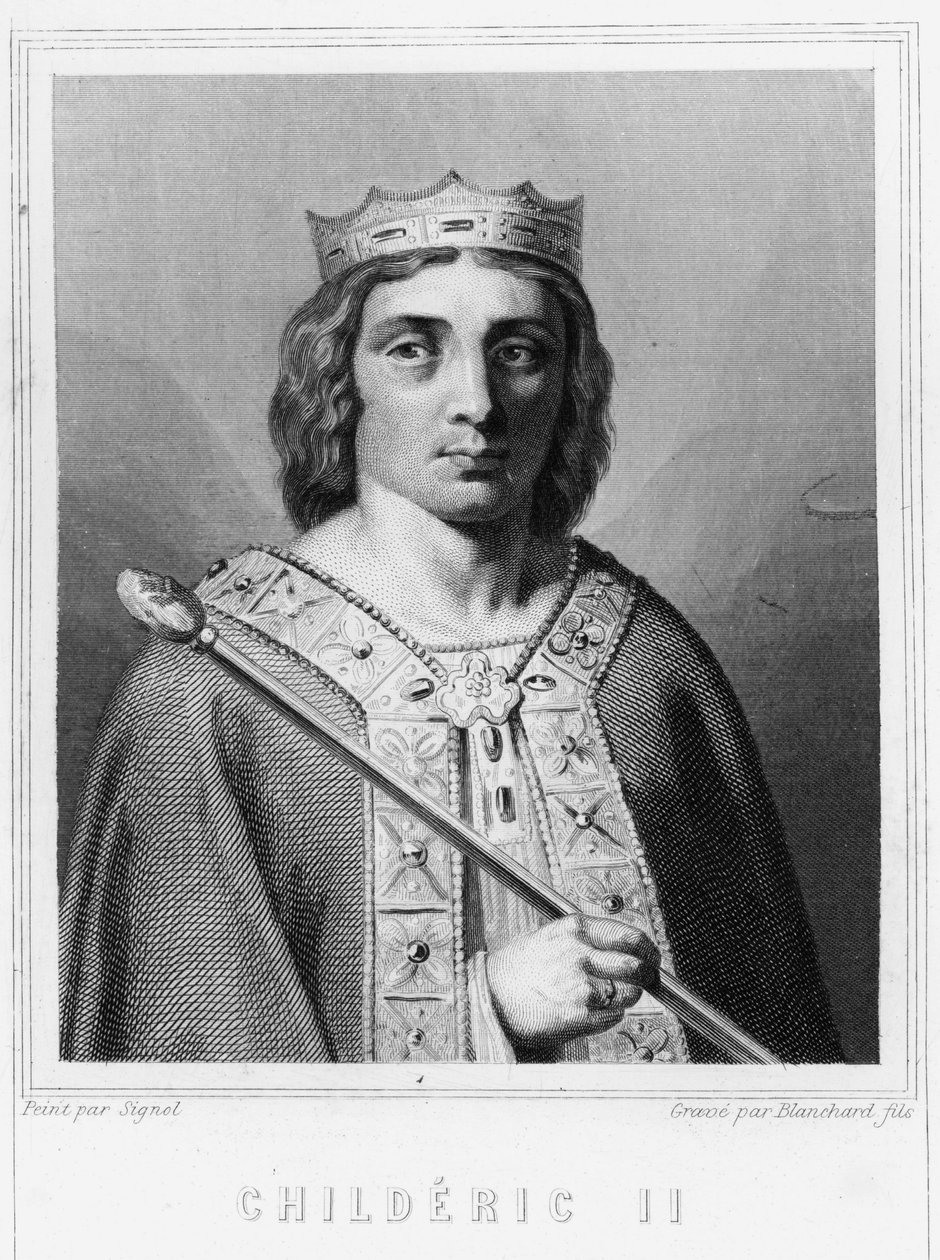 Portrett av Childeric II (v. 653 - 675), konge av Austrasia - i "Histoire des Français"" av Lavallée, gravering, sd. av Unknown artist