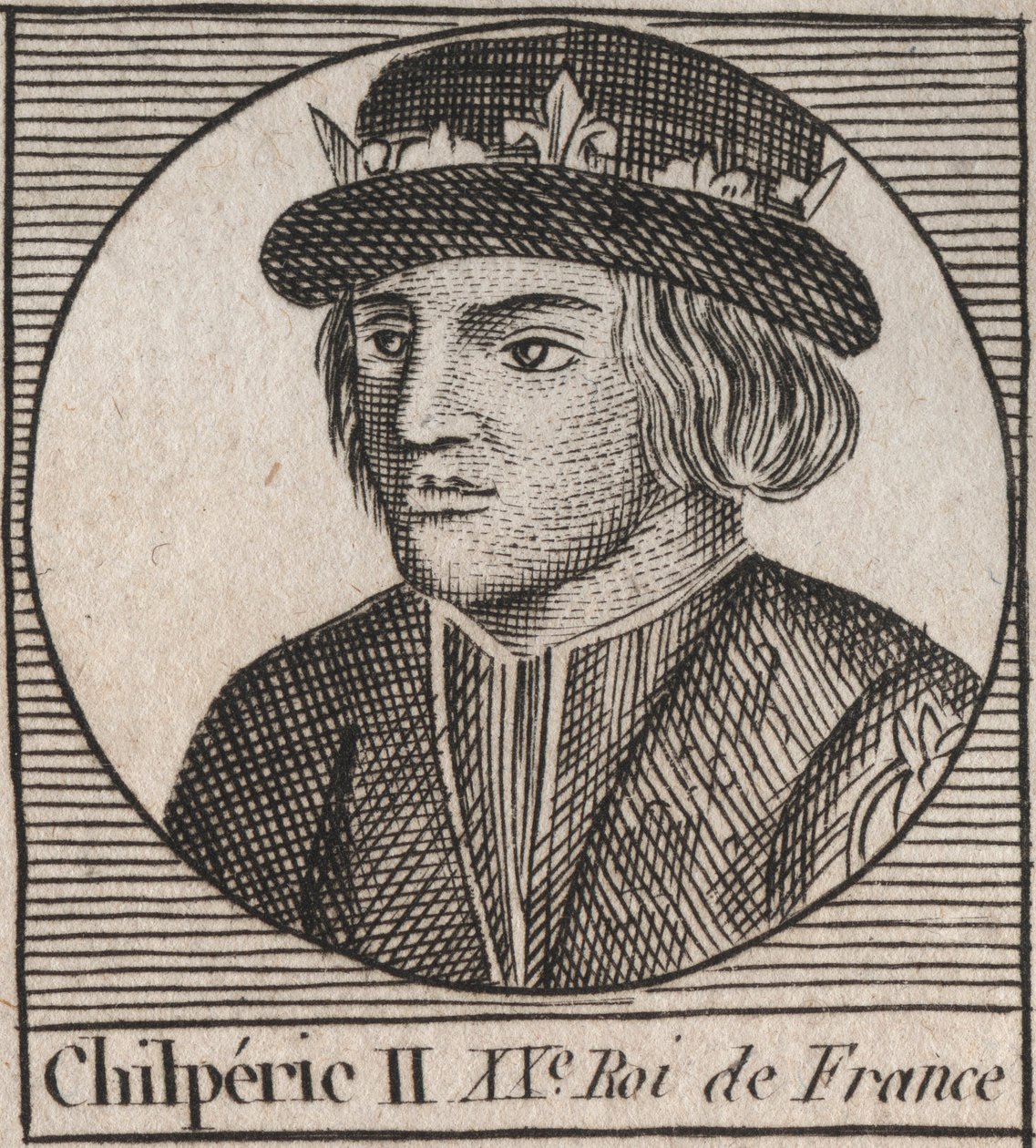 Portrett av Chilperic II (ca. 670 - 721), konge av Neustria - CHILPERIC II konge av frankerne - gravering fra "Instruction sur l
