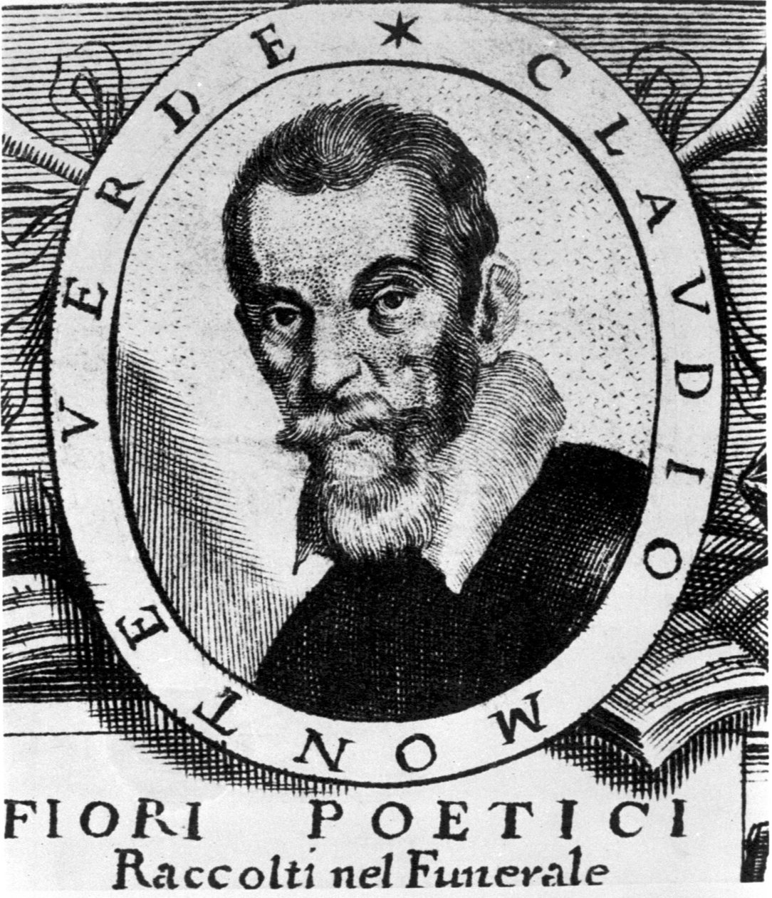 Portrett av Claudio Monteverdi (1567 - 1643) etter forsiden til Fiori poetici samlet i begravelsen til den svært berømte og svært ærverdige signor Claudio Monteverdi, utgitt i Venezia i 1644. av Unknown artist