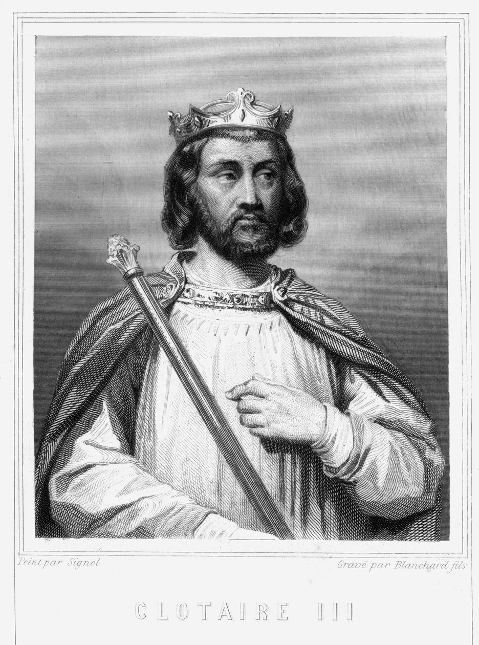 Portrett av Clotaire (Clothaire) III (652 - 673), konge av Neustria og Burgund - i "Histoire des Français"" av Lavallée, gravering, sd. av Unknown artist