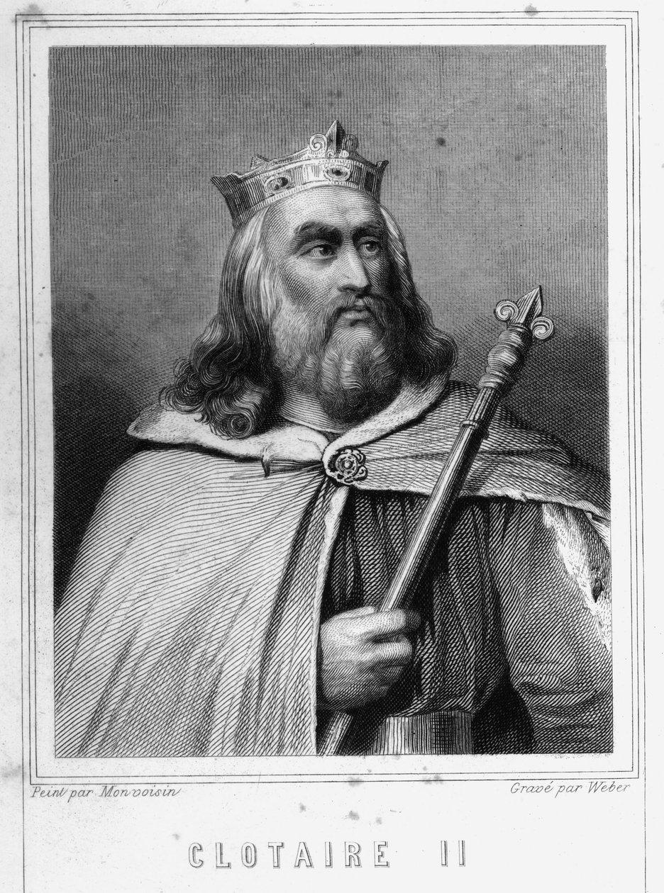 Portrett av Clotaire (Clothaire) II (584 - 628), konge av Neustria og konge av frankene - i "Histoire des Français"" av Lavallée, gravering, sd. av Unknown artist
