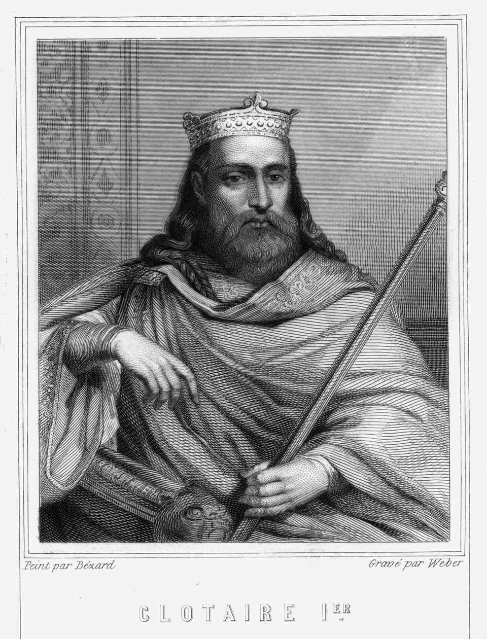 Portrett av Clotaire (Clothaire) I (497 - 561), konge av Neustria og konge av frankene - i "Histoire des Français"" av Lavallée, gravering, sd. av Unknown artist