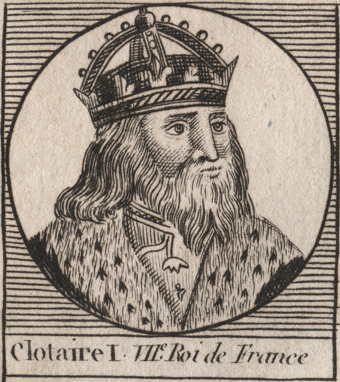 Portrett av Clothaire I (497 - 561), konge av Neustria og konge av frankerne - Clothar I, konge av frankerne - gravering fra "Instruction sur l
