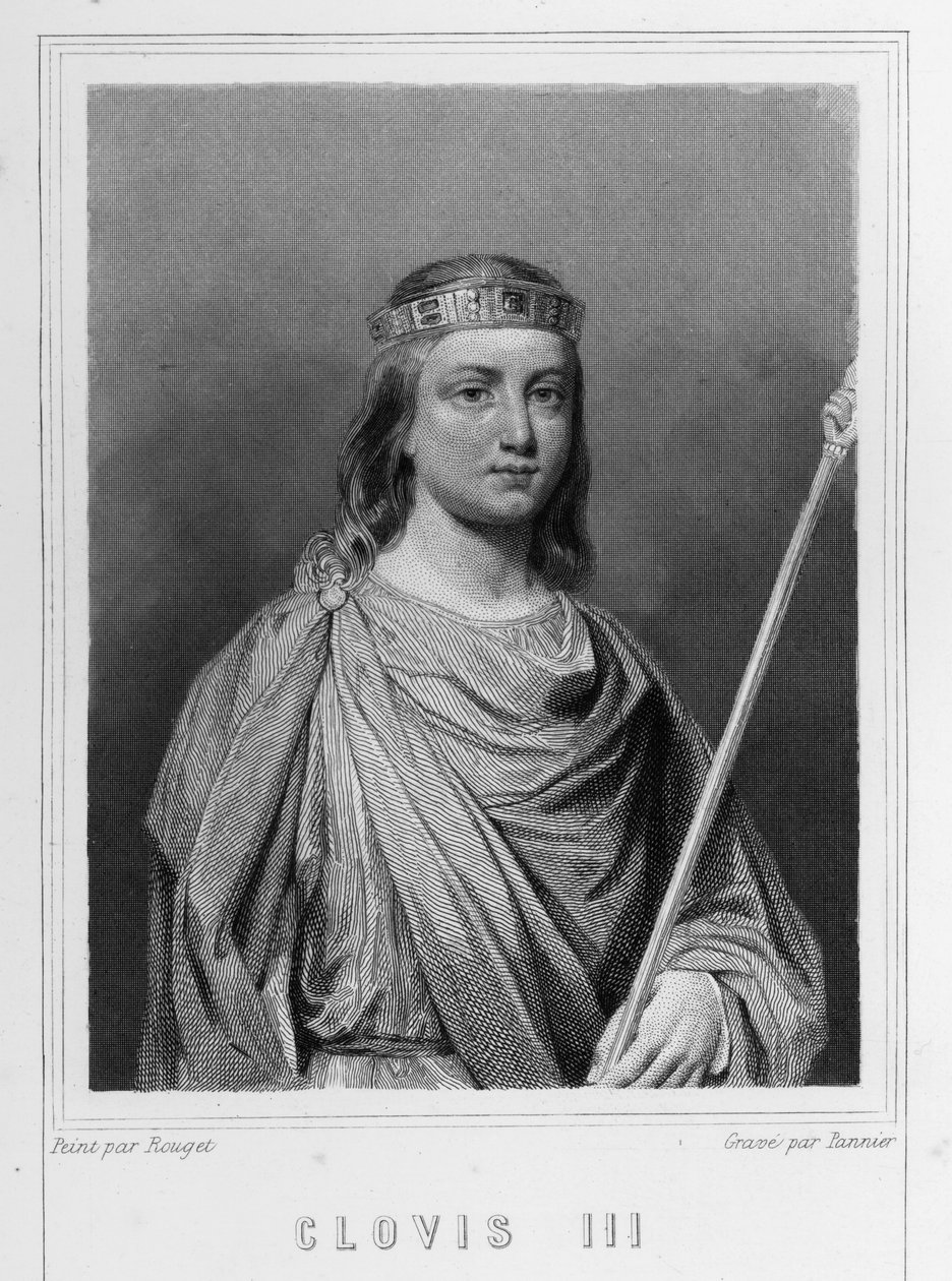 Portrett av Clovis III (? - 695), konge av Austrasia - i "" Histoire des Français"" av Lavallée, gravering, sd. av Unknown artist