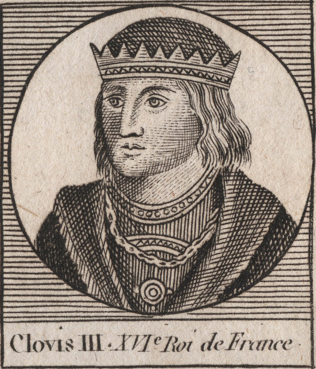 Portrett av Clovis III, kongen av frankene fra 691 til 695 - CLOVIS III Merovingerkonge av Neustria og Austrasia - gravering fra "Instruction sur l