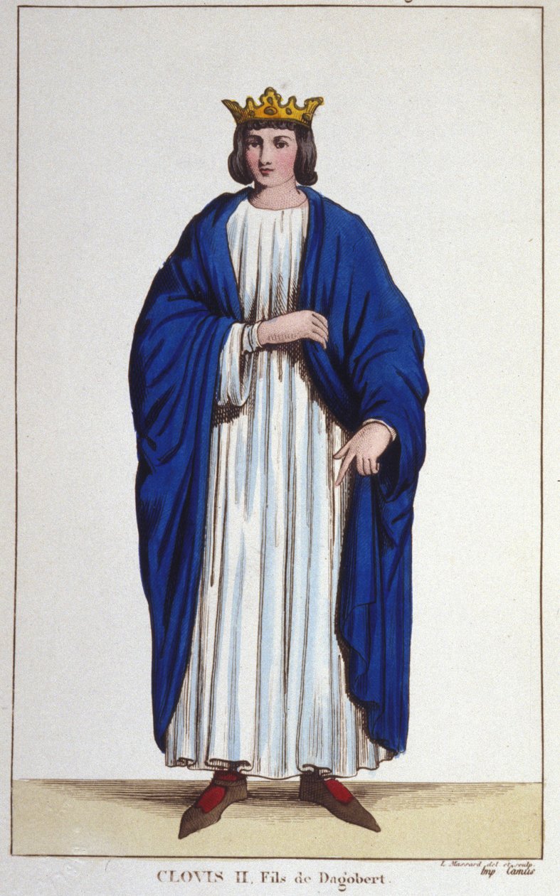Portrett av Clovis II (? - 657), konge av Neustria, Burgund og Austrasia gravering fra 1830 av Unknown artist