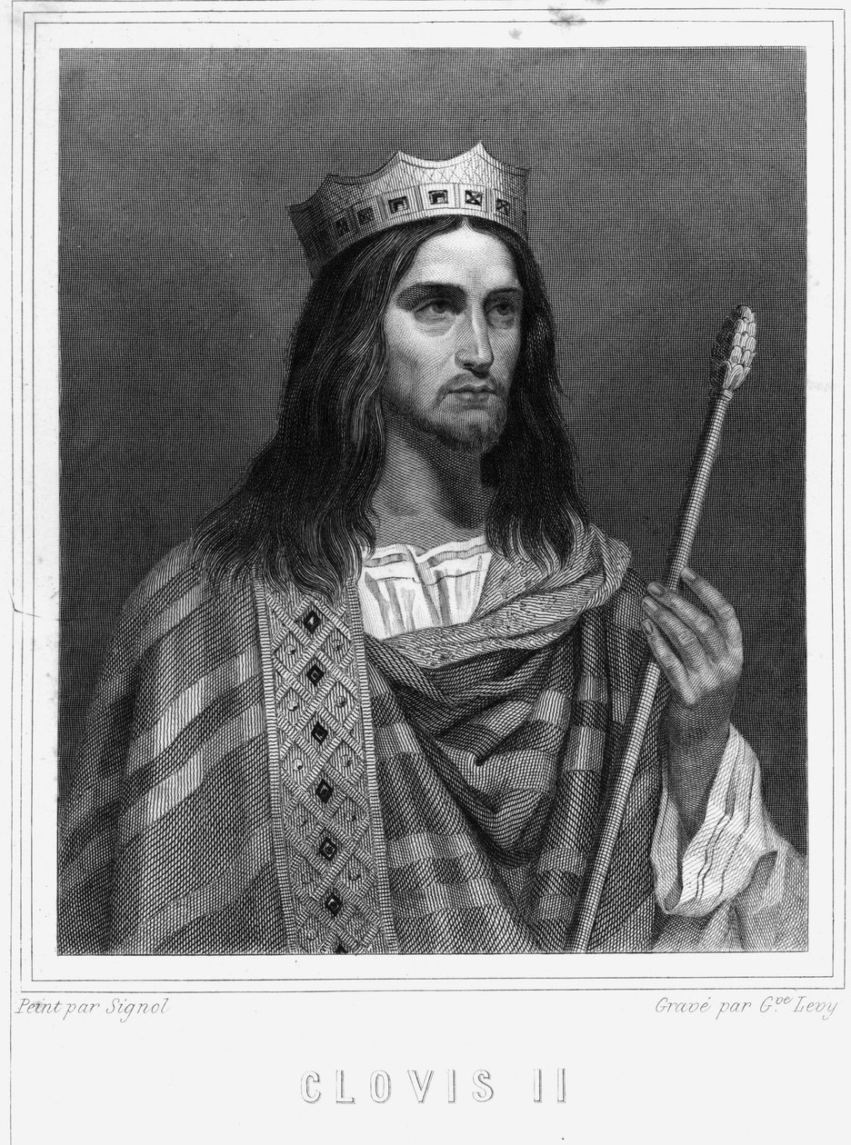 Portrett av Clovis II (? - 657), konge av Neustria, Burgund og Austrasie - i "" Histoire des Français"" av Lavallée, gravering, sd. av Unknown artist
