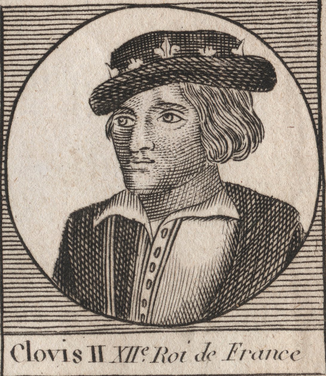 Portrait of Clovis II, King of the Francs (v.633-657) - Clovis II (c.634-657), Merovingian Frankish king of Neustria and Burgundy (639-657) - engraving from “” Instruction sur l