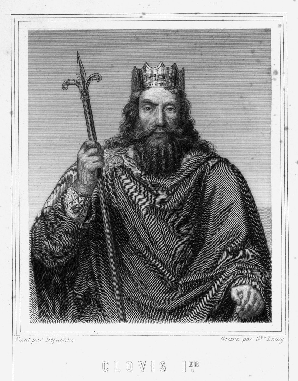 Portrett av Clovis I (v. 466 - 511), Frankenes konge - i «Histoire des Français»» av Lavallée, gravering, sd. av Unknown artist