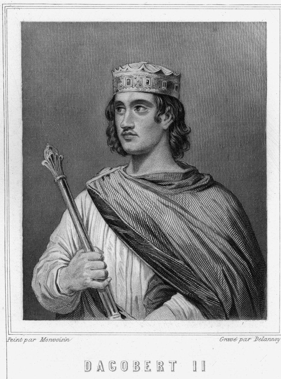 Portrett av Dagobert II (? -?) , konge av Austrasia - i "" Histoire des Français"" av Lavallée, gravering, sd. av Unknown artist
